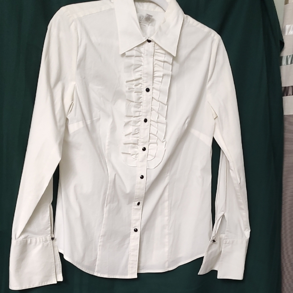 Loft White Ruffled Button Down Shirt - image 1